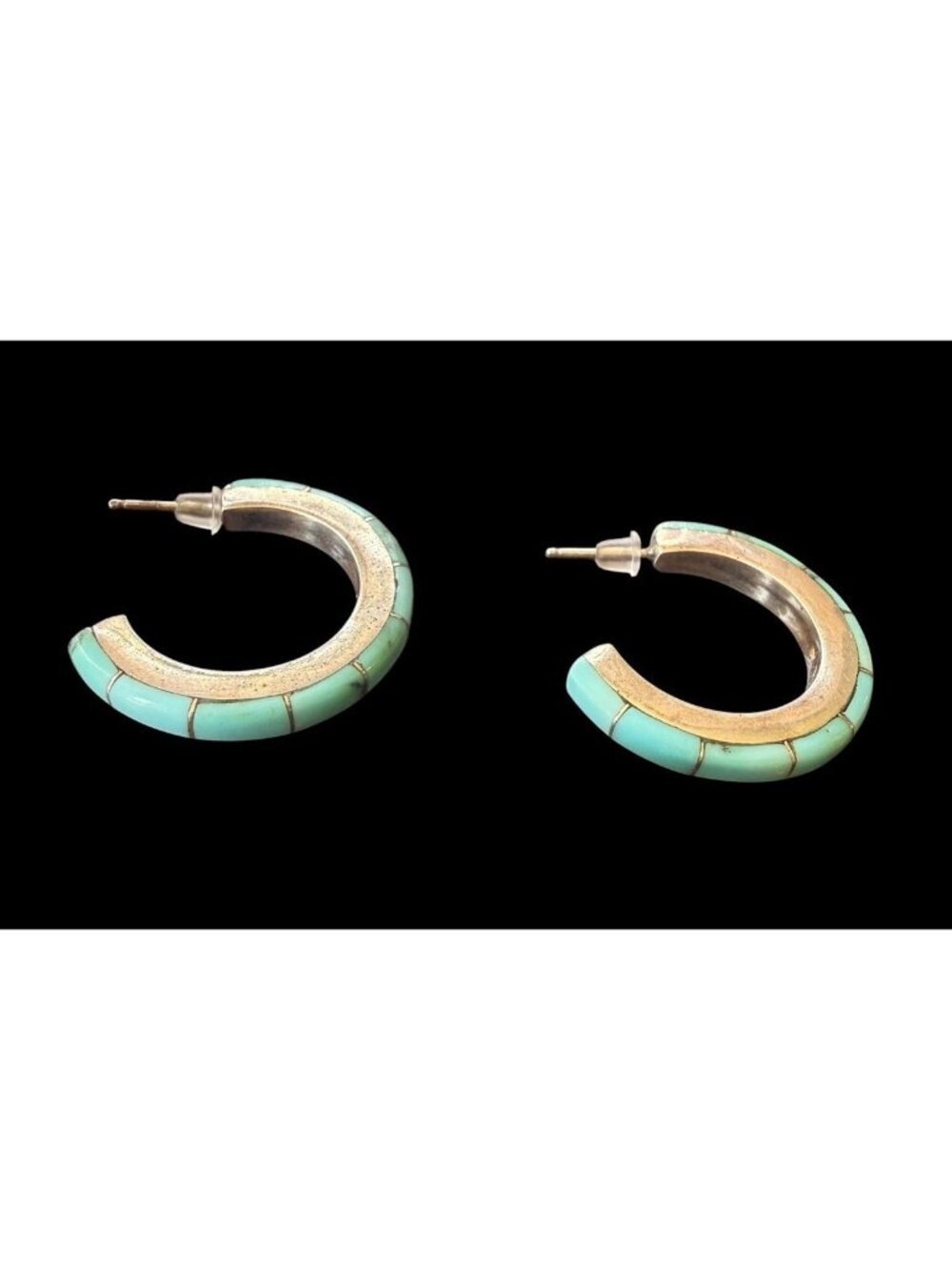 Vintage Navajo Jessie Claw Sterling Silver Turquoise Hoop Earrings 1”